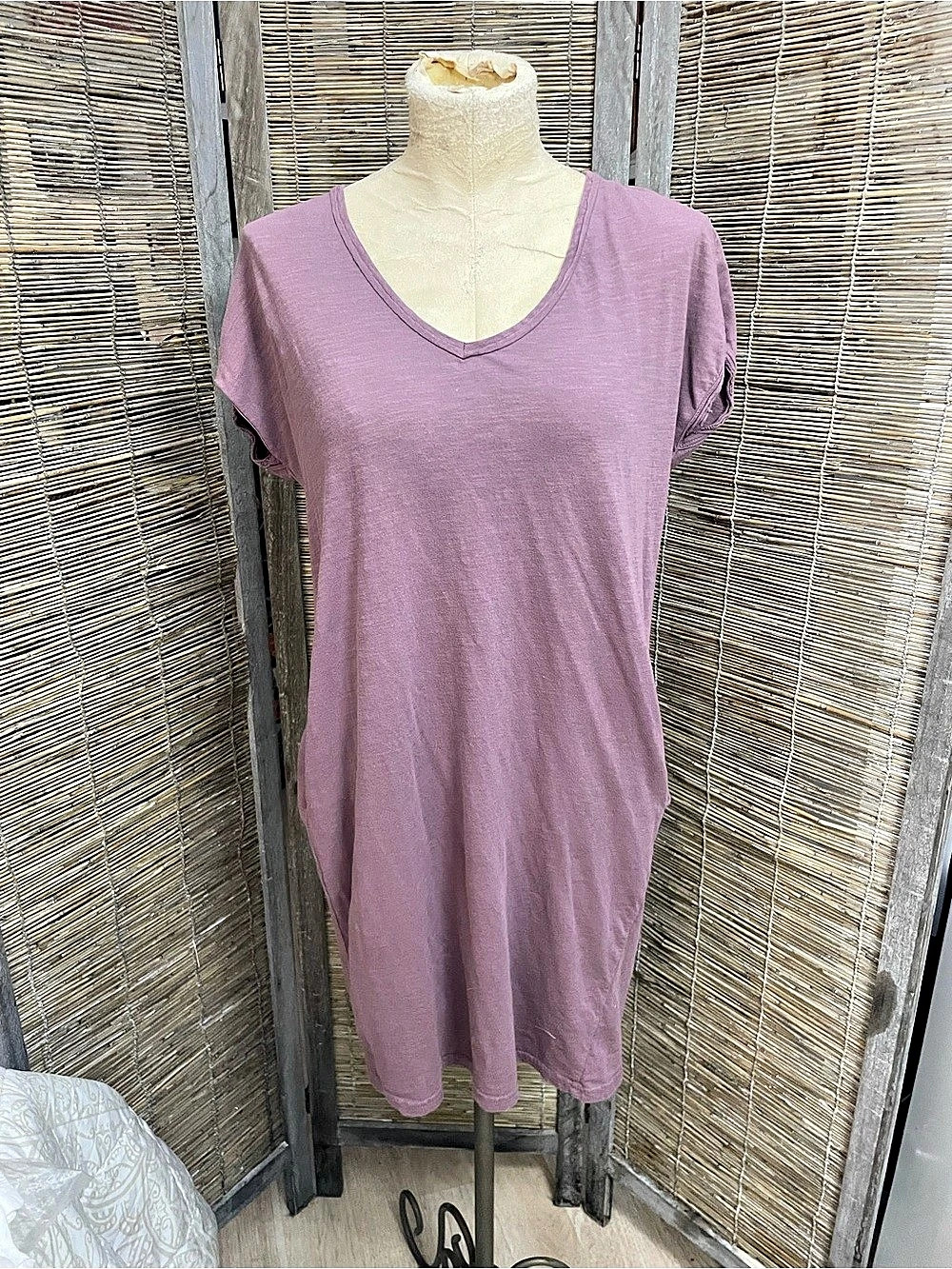 PACT Short Sleeve V-Neck Dress V-Neck Mini Dress in Purple Size Small